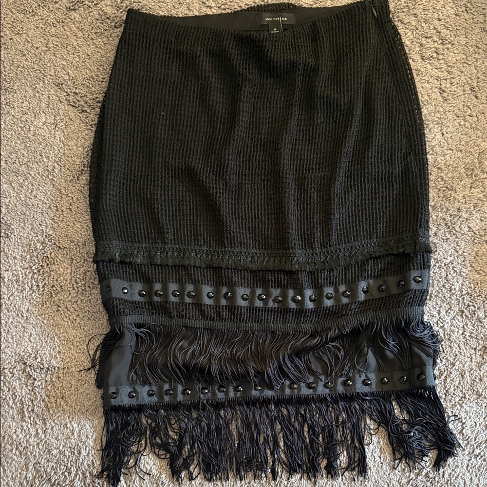 Ann Taylor Black Fringe Pencil Skirt